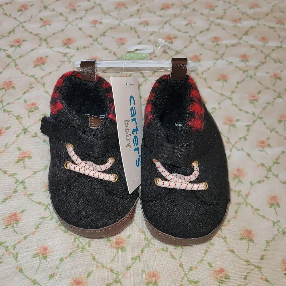 Carter's Size 1 (0-3m) Black & Red Baby Walker Shoes Slip-On Comfort NWT